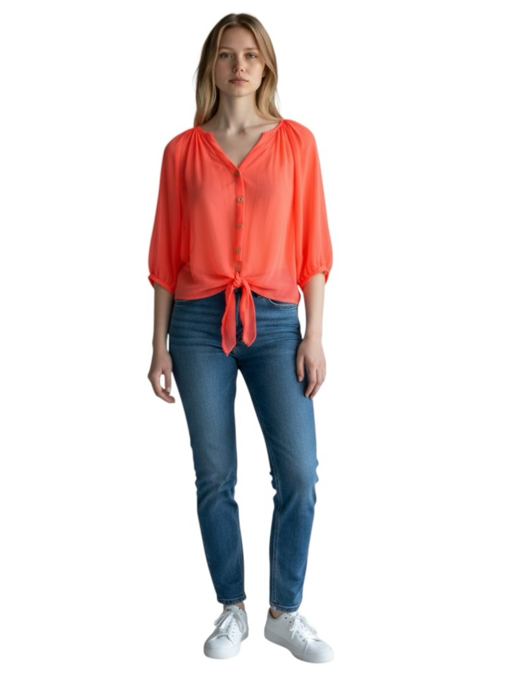Tie-Front Women’s Button-Up Blouse in Bright Orange Size Small